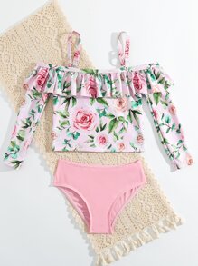 Young Girl Floral Print Ruffle Trim Cold Shoulder Bikini Set Summer Beach - Baby Pink - View 4