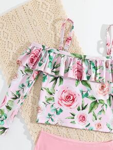 Young Girl Floral Print Ruffle Trim Cold Shoulder Bikini Set Summer Beach - Baby Pink - View 5