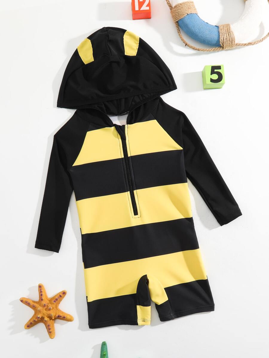 Baby Striped Zip Front Hooded One Piece Swimsuit - Multicolor - View 1