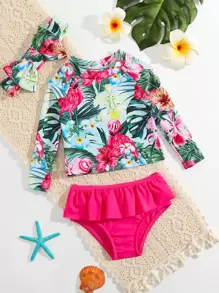 Baby Girls' Vacation Style Random Printed Long Sleeve Swimsuit Set With Hairband For Summer ,Getaway,Holiday,Travel,Relax,Summer,Holiday - Multicolor - View 1