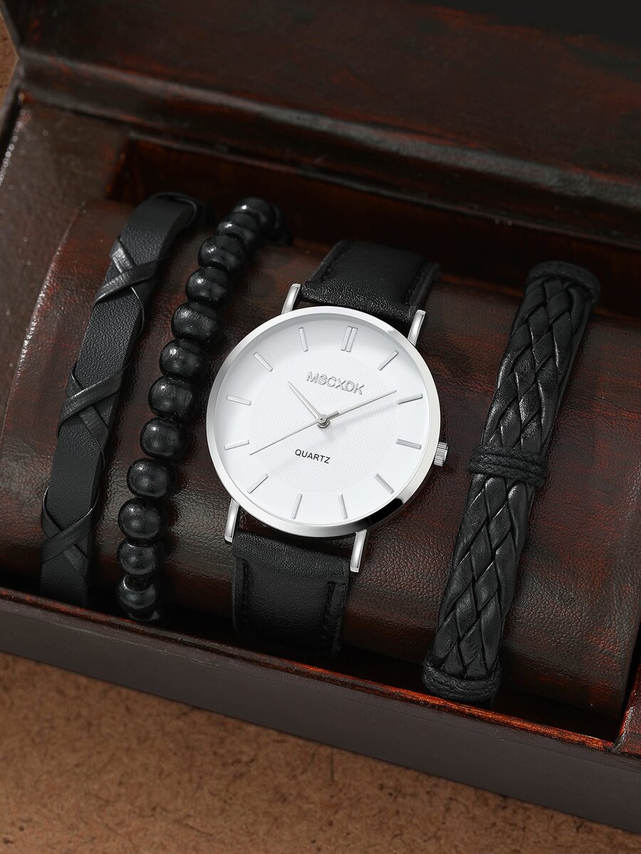 MSCXDK 1pc Men Minimalist Round Pointer Quartz Watch & 3pcs Bracelet - Black - View 1