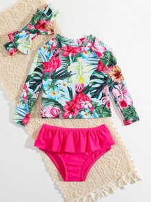 Baby Girls' Vacation Style Random Printed Long Sleeve Swimsuit Set With Hairband For Summer ,Getaway,Holiday,Travel,Relax,Summer,Holiday - Multicolor - View 4