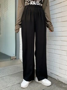 DAZY Solid Elastic Waist Straight Leg Trousers - Black - View 3