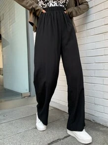 DAZY Solid Elastic Waist Straight Leg Trousers - Black - View 6