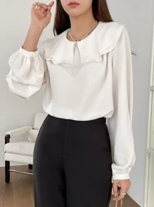 DAZY 个性领灯笼袖衬衫，荷叶边，秋季女装 - 白色 - 查看 5