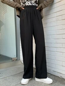 DAZY Solid Elastic Waist Straight Leg Trousers - Black - View 7