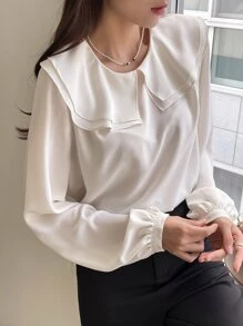 DAZY 个性领灯笼袖衬衫，荷叶边，秋季女装 - 白色 - 查看 6