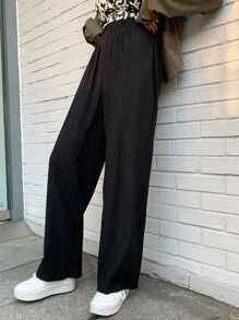 DAZY Solid Elastic Waist Straight Leg Trousers - Black - View 8