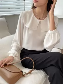 DAZY 个性领灯笼袖衬衫，荷叶边，秋季女装 - 白色 - 查看 7