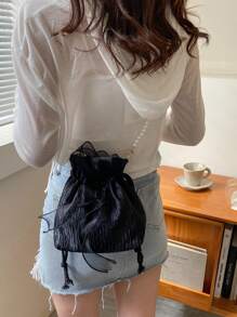Mini Bow & Faux Faux Pearl Decor Drawstring Design Bucket Bag, Bow Purse For Women, Faux Pearl Bag - Black - View 2