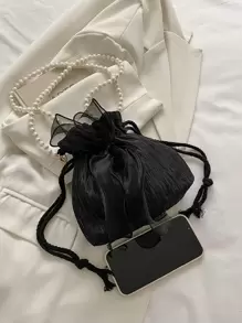 Mini Bow & Faux Faux Pearl Decor Drawstring Design Bucket Bag, Bow Purse For Women, Faux Pearl Bag - Black - View 4