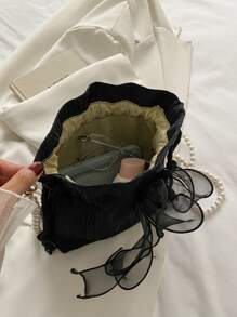 Mini Bow & Faux Faux Pearl Decor Drawstring Design Bucket Bag, Bow Purse For Women, Faux Pearl Bag - Black - View 5