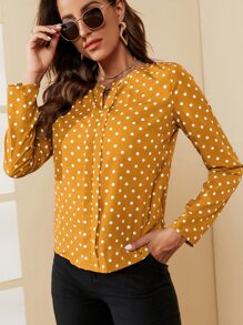 SHEIN Clasi Polka Dot Notched Neck Blouse - Yellow - View 3