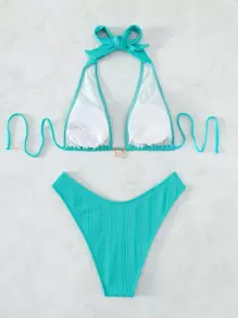 Swim Vcay Swim Suits For Women Summer Beach Chain Linked Halter Triangle Bikini Set - Mint Blue - View 5