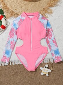 Tween Girl Tropical Print Cut Out Waist Raglan Sleeve Zipper Front One Piece Swimsuit - Pink - View 1
