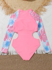Tween Girl Tropical Print Cut Out Waist Raglan Sleeve Zipper Front One Piece Swimsuit - Pink - View 2