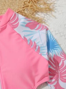 Tween Girl Tropical Print Cut Out Waist Raglan Sleeve Zipper Front One Piece Swimsuit - Pink - View 3