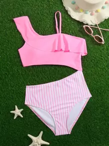 青少年女孩條紋圖案荷葉邊鏤空連體泳衣