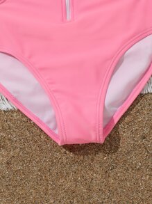 Tween Girl Tropical Print Cut Out Waist Raglan Sleeve Zipper Front One Piece Swimsuit - Pink - View 4