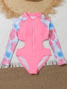 Tween Girl Tropical Print Cut Out Waist Raglan Sleeve Zipper Front One Piece Swimsuit - Pink - View 5