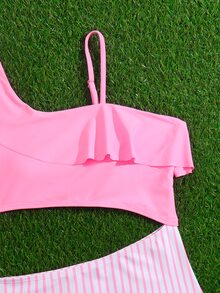 青少年女孩條紋圖案荷葉邊鏤空連體泳衣