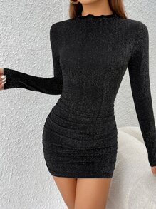 SHEIN PETITE Lettuce Trim Ruched Glitter Bodycon Dress