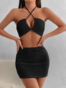SHEIN PETITE Crisscross Tie Backless Crop Halter Top & Bodycon Skirt - Black - View 5