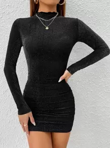 SHEIN PETITE Lettuce Trim Ruched Glitter Bodycon Dress