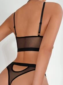 鏤空蕾絲拼接鋼圈內衣套裝 - 黑色 - 查看 2