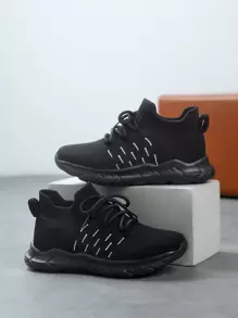 Sporty Running Shoes For Boys, Striped Pattern Lace-up Front Sneakers - Black - View 1