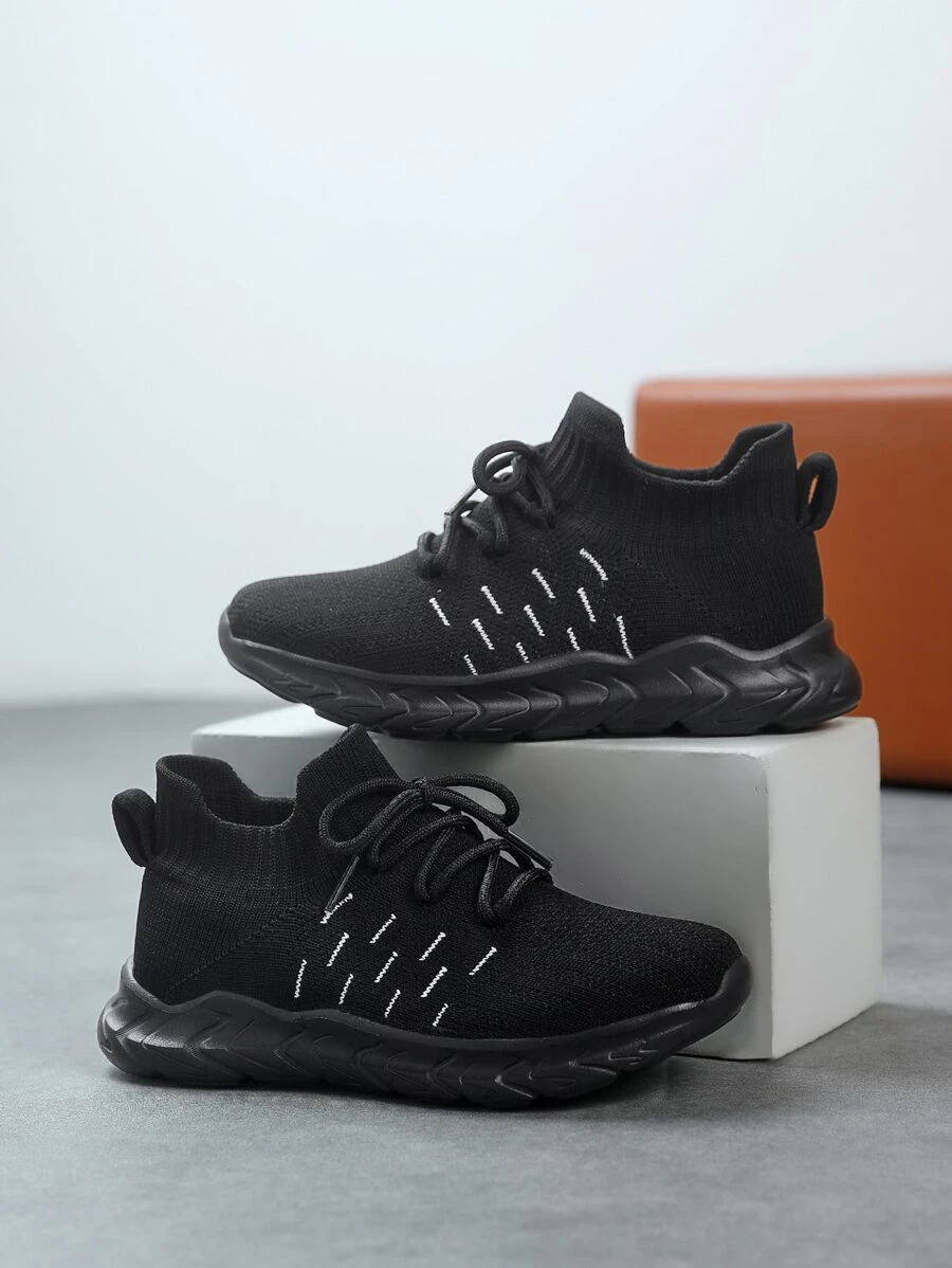 Sporty Running Shoes For Boys, Striped Pattern Lace-up Front Sneakers - Black - View 1