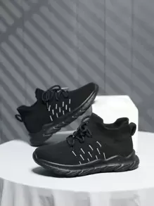 Sporty Running Shoes For Boys, Striped Pattern Lace-up Front Sneakers - Black - View 5