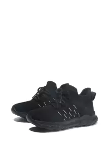 Sporty Running Shoes For Boys, Striped Pattern Lace-up Front Sneakers - Black - View 3