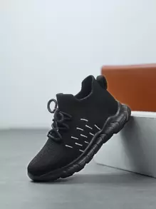 Sporty Running Shoes For Boys, Striped Pattern Lace-up Front Sneakers - Black - View 4