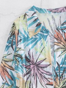 Tropical Print Halter Triangle Summer Beach Bikini Set With Kimono - Multicolor - View 6