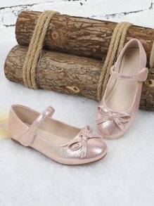女孩金屬亮絲蝴蝶結裝飾瑪麗珍平底鞋 - 粉色 - 查看 3