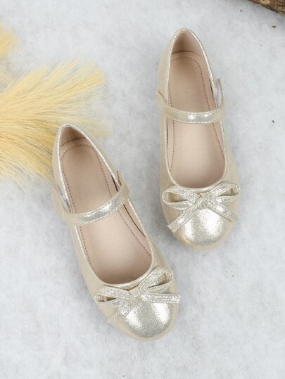 Girls Metallic Bow Decor Mary Jane Flats