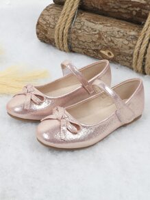 女孩金屬亮絲蝴蝶結裝飾瑪麗珍平底鞋 - 粉色 - 查看 7