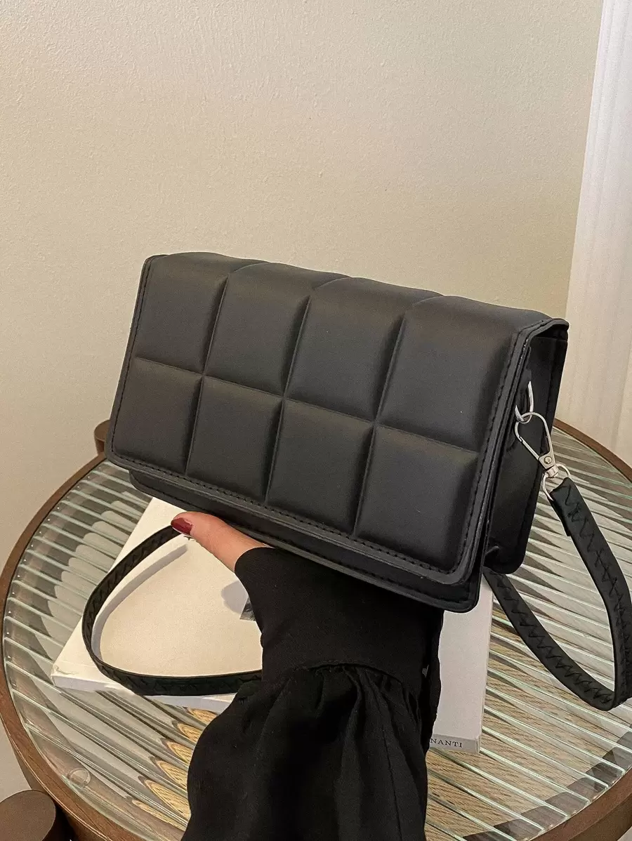 Mini Plaid Embossed Flap Square Bag - Black - View 1