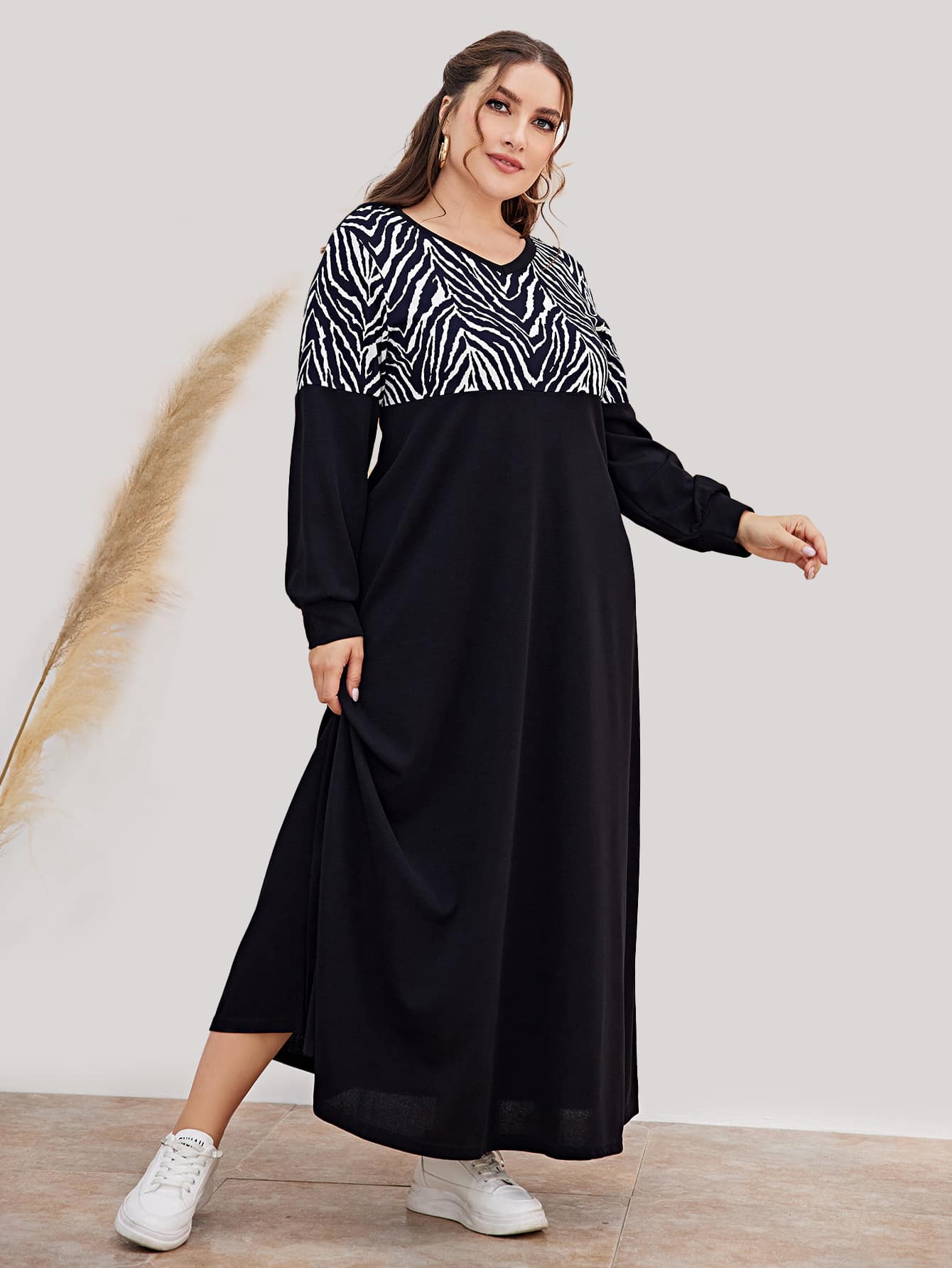 Mulvari Plus Zebra Striped Panel Dress - Black - View 1