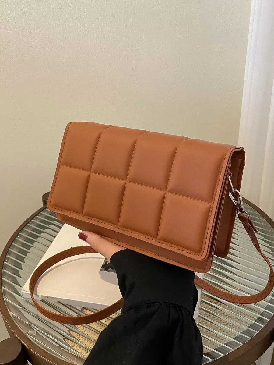 Mini Plaid Embossed Flap Square Bag - Brown - View 1