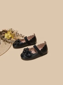 Girls Bow Decor Scallop Trim Flats - Black - View 1