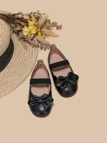 Girls Bow Decor Scallop Trim Flats - Black - View 2