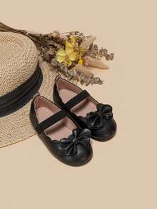 Girls Bow Decor Scallop Trim Flats - Black - View 3