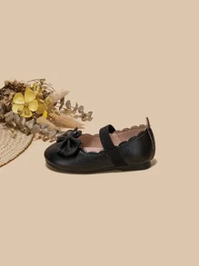 Girls Bow Decor Scallop Trim Flats - Black - View 4
