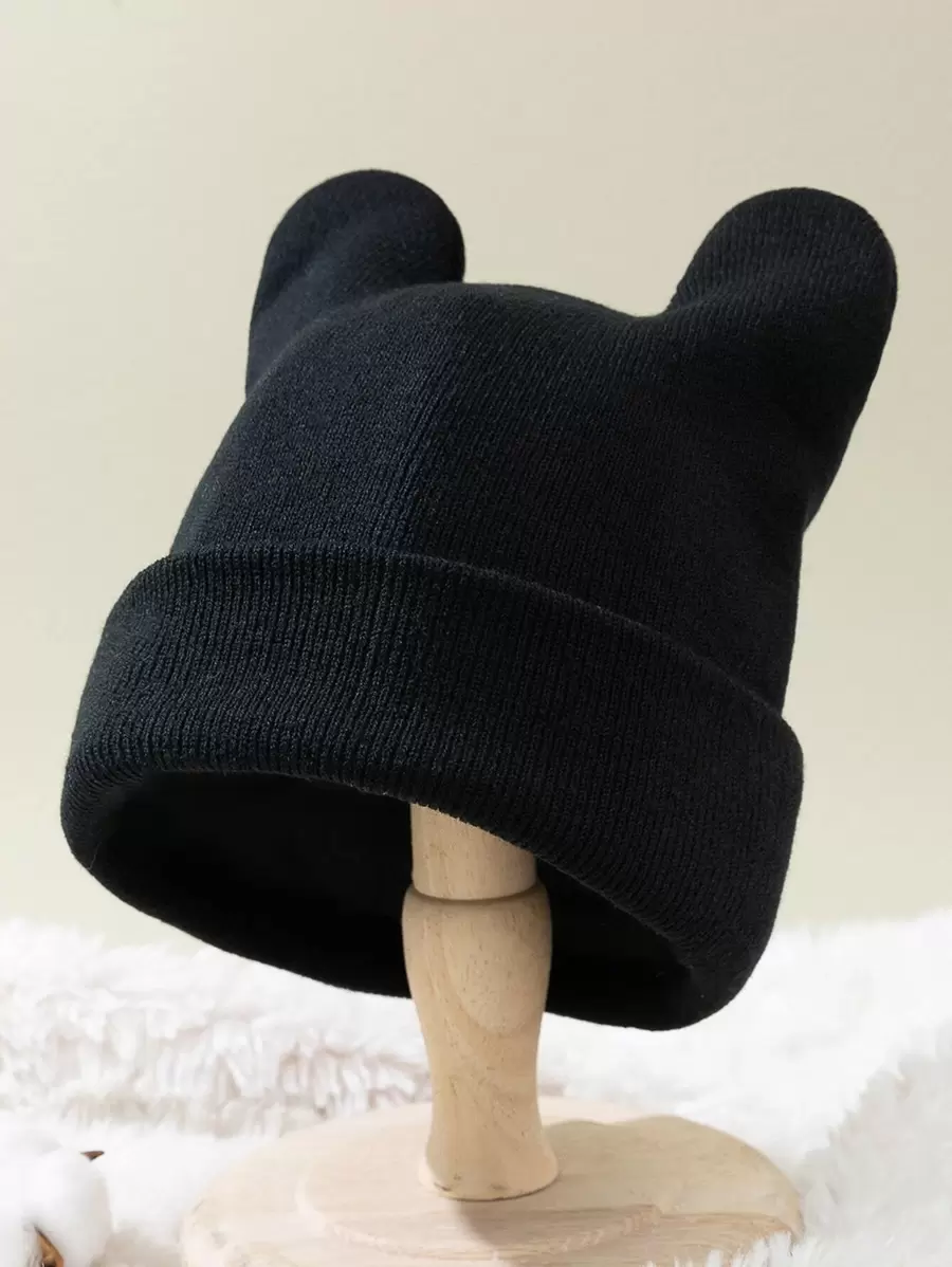 1顶女士黑色针织护耳帽，加厚保暖，适合秋冬季节，可爱又时尚的护耳帽 - 黑色 - 查看 1
