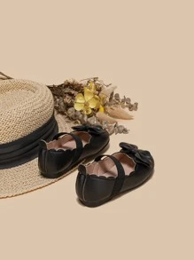 Girls Bow Decor Scallop Trim Flats - Black - View 5