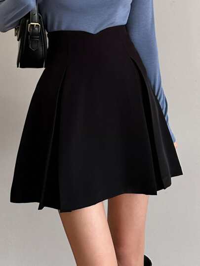 DAZY Falda de cintura alta con pliegues, detalles plisados, ropa de vuelta al colegio, faldas de otoño