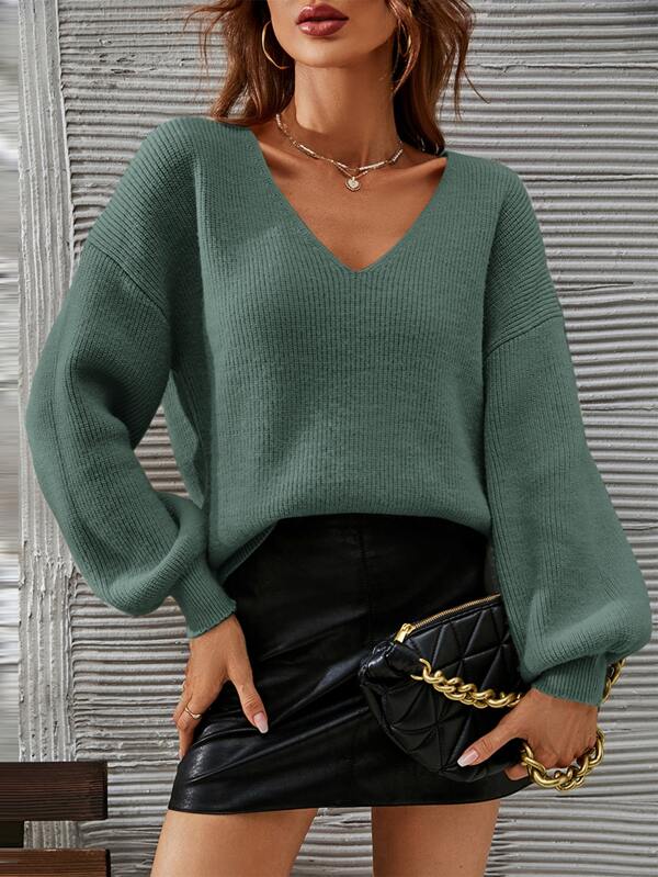 SHEIN Frenchy V-Neck Drop Shoulder Sweater,Long Sleeve Tops