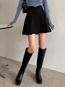 DAZY 纯色高腰褶皱细节裙，返校服秋季裙子